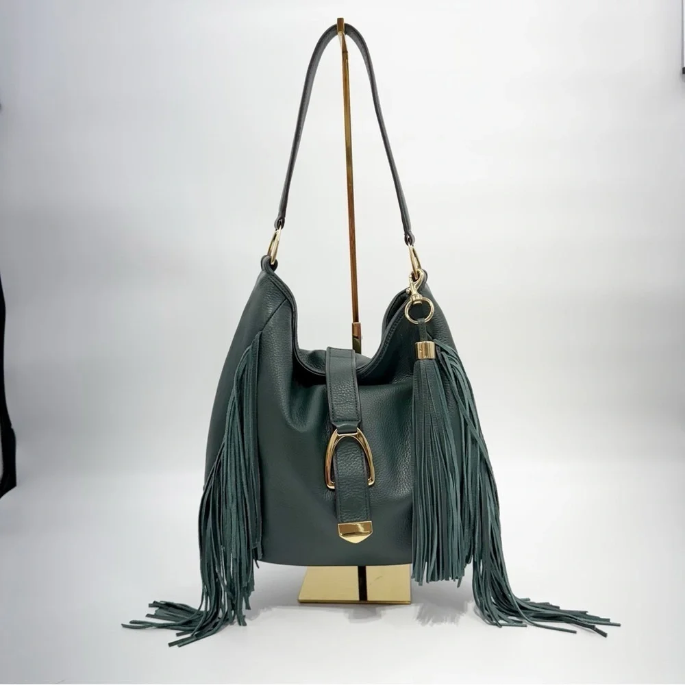 Gilli Genuine Leather Fringe Shoulder Bag – Green Hobo Tote with Tassel Detail